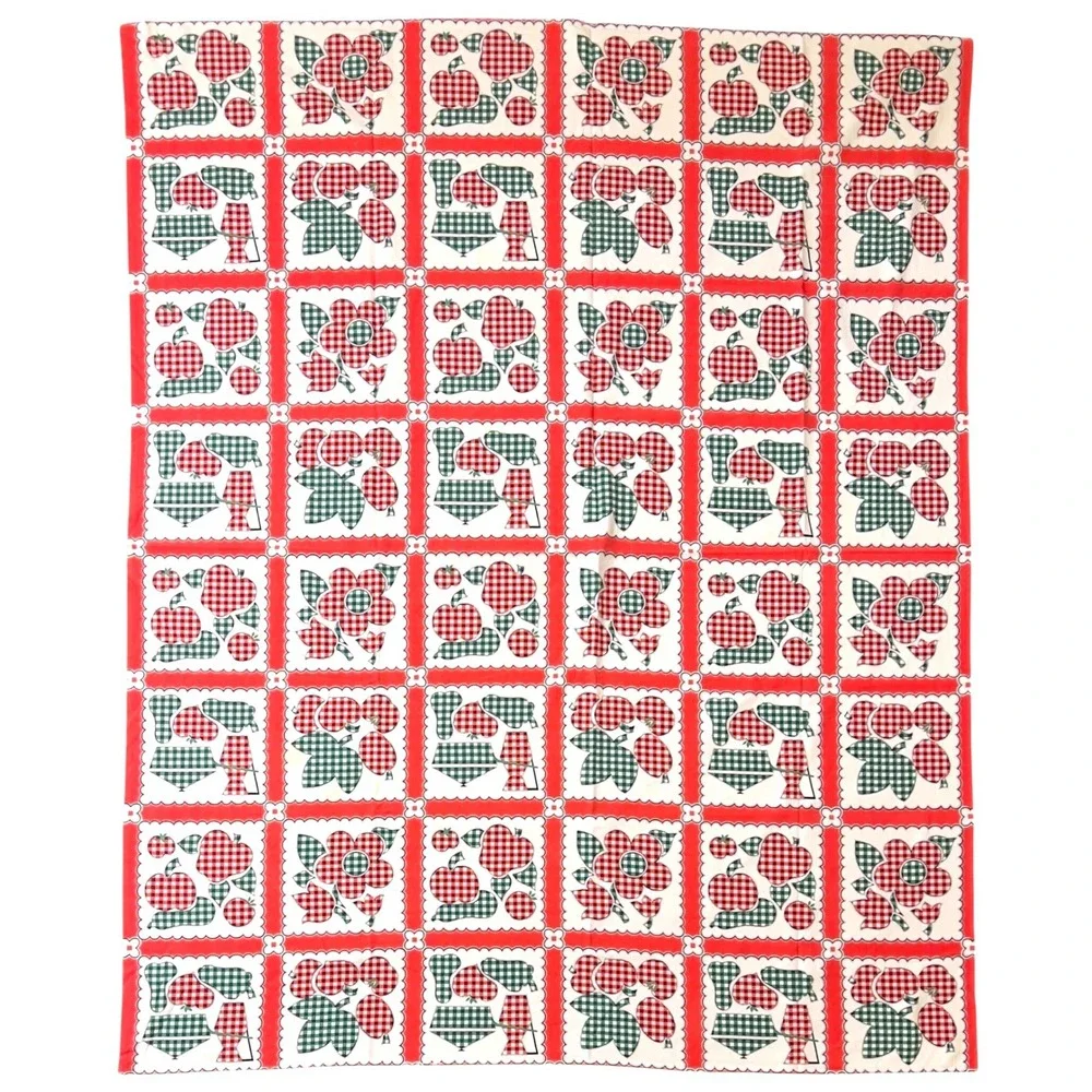 Vintage 50s Farmhouse Tablecloth Floral Gingham Fruit Patchwork 48x60 Retro Red